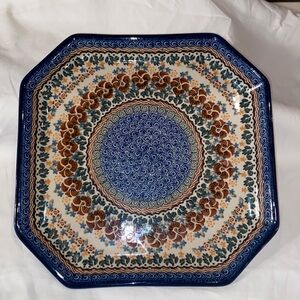 Nwt Polish Pottery Platter Serving Tray Plate UNIKAT  signed Flowers